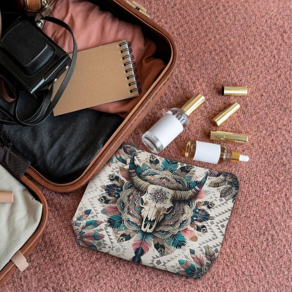 Boho Western Makeup Bag, Western Bull Skull Aztec Cosmetic Bag Toiletry Bag, Wes - Picture 4 of 5